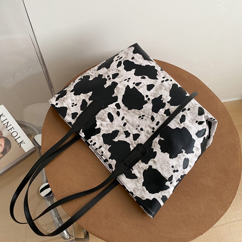 

Cow Print Shoulder Tote Bag, Black and white