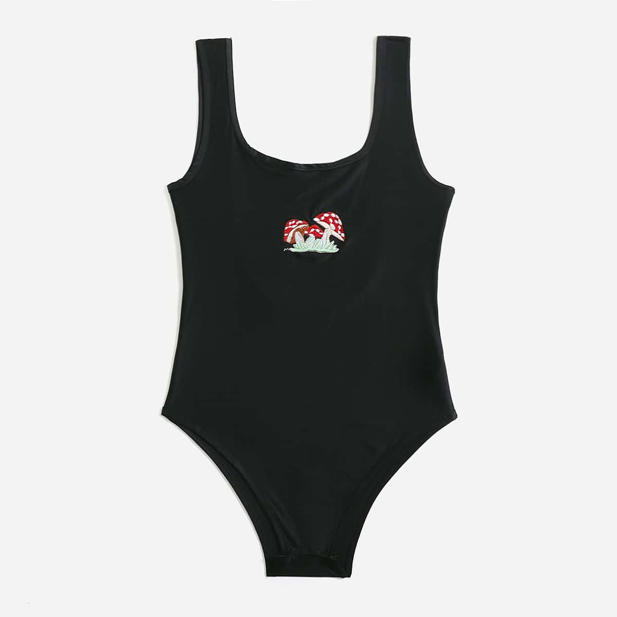 

Mushroom Embroidery Bodysuit, Black