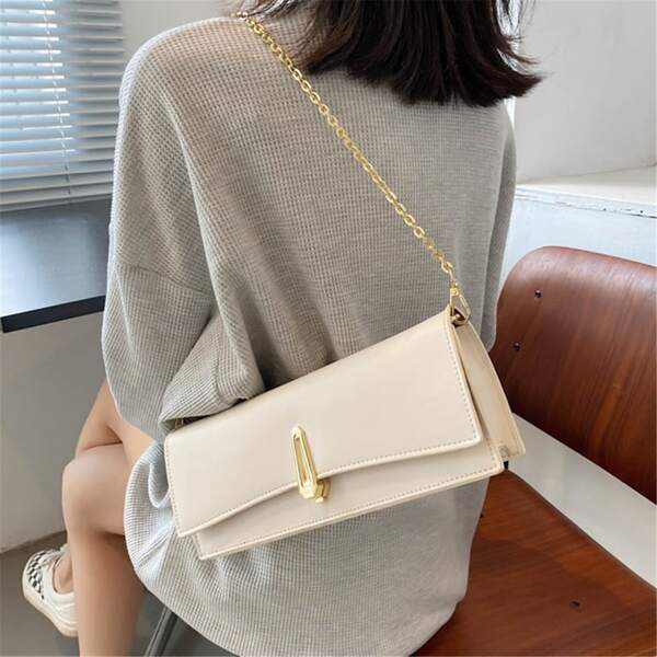 

Minimalist Metal Lock Chain Shoulder Bag, Beige