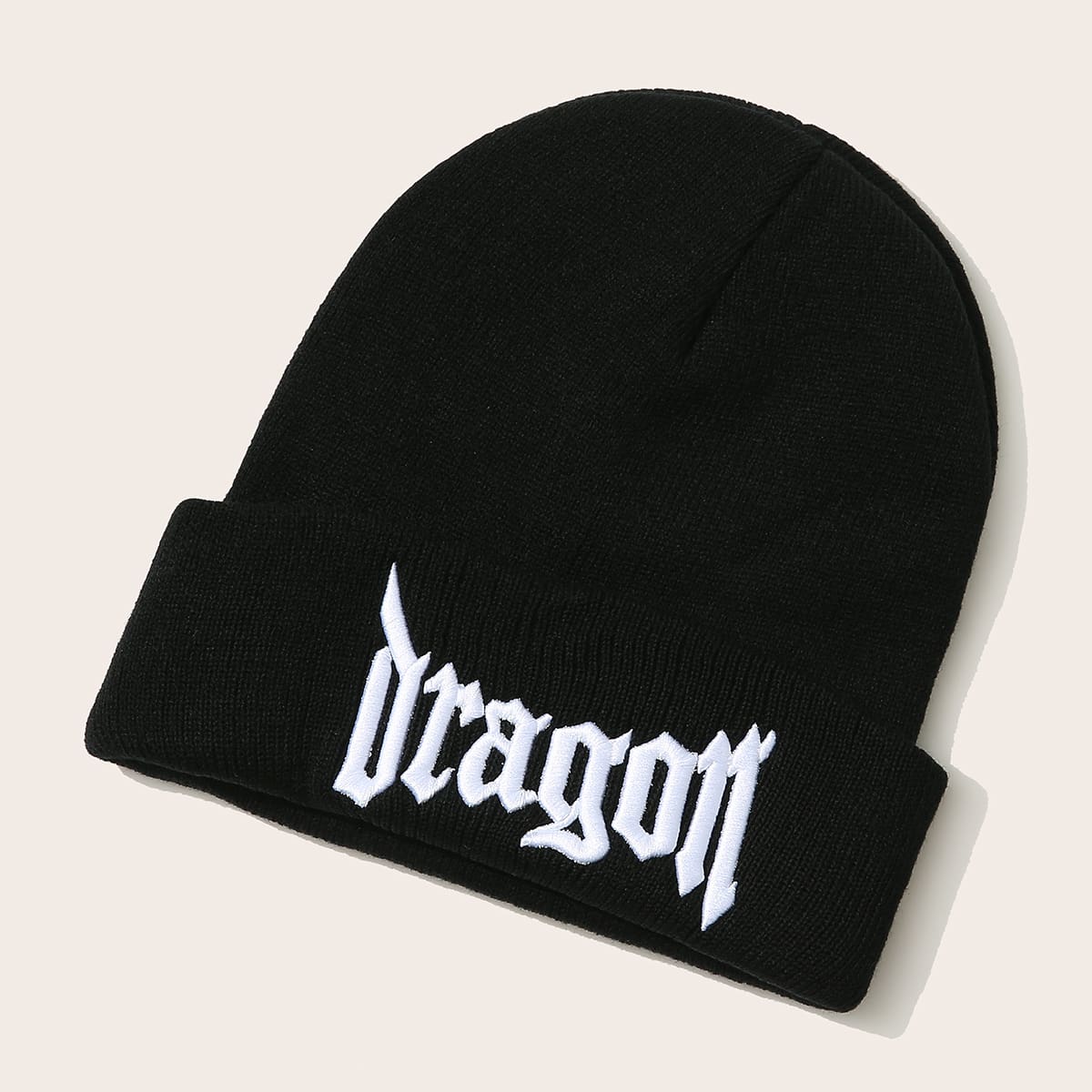 

Letter Graphic Embroidery Knit Hat, Black