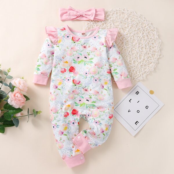 

Baby Floral Print Ruffle Trim Jumpsuit & Headband, Pink