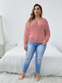 Calvaya Áo len dệt kim cổ chữ V xẻ sâu, thích hợp cho mùa đông và mùa thu. - Hồng - Xem 3