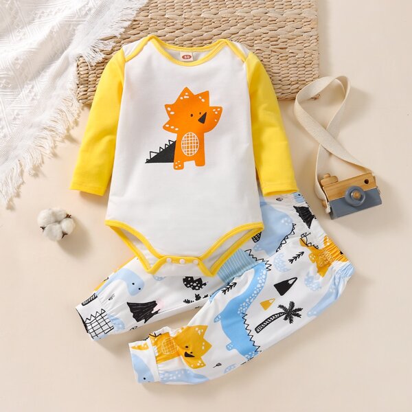 

Baby Colorblock Cartoon Graphic Contrast Binding Bodysuit & Sweatpants, Multicolor