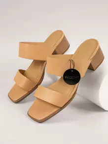 Wide Fit PU Low Block Heel Sandals - Camel - View 1