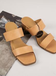 Wide Fit PU Low Block Heel Sandals - Camel - View 3