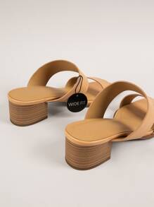 Wide Fit PU Low Block Heel Sandals - Camel - View 2