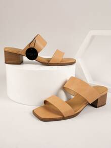 Wide Fit PU Low Block Heel Sandals - Camel - View 4