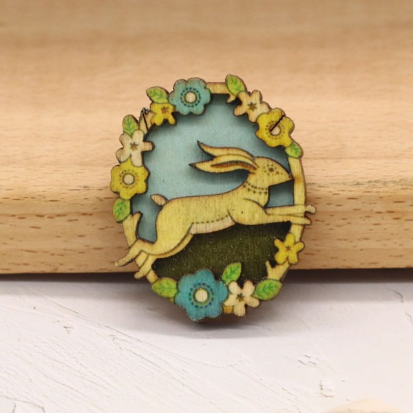 

Rabbit & Flower Design Brooch, Multicolor