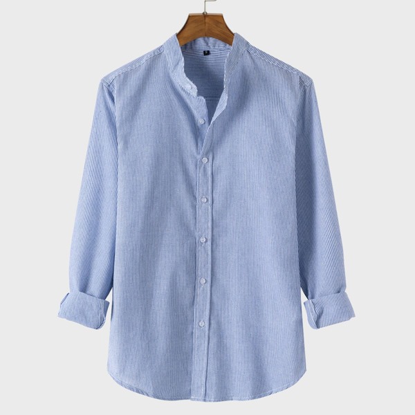 

Men Striped Print Mock Neck Button Up Shirt, Baby blue