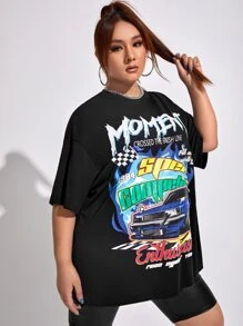 SHEIN EZwear Plus Bikercore Letter & Car Print Drop Shoulder Tee - Black - View 2