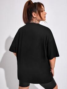 SHEIN EZwear Plus Bikercore Letter & Car Print Drop Shoulder Tee - Black - View 3