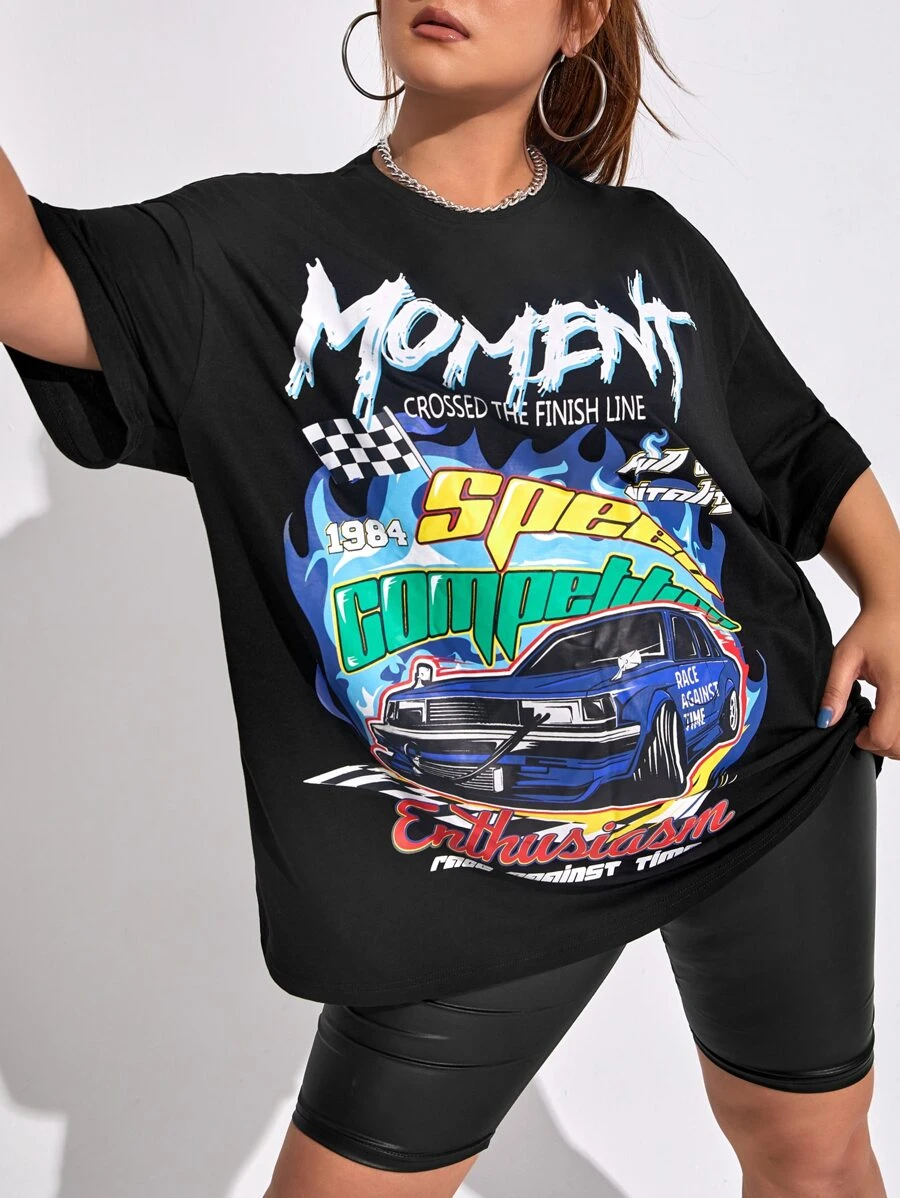 SHEIN EZwear Plus Bikercore Letter & Car Print Drop Shoulder Tee - Black - View 1