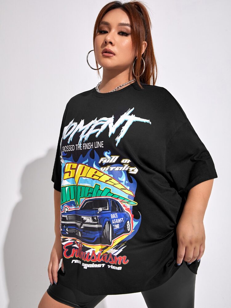 SHEIN EZwear 大碼字母和車圖案落肩T恤 - 黑色 - 查看 4