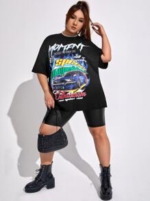 SHEIN EZwear Plus Bikercore Letter & Car Print Drop Shoulder Tee - Black - View 5