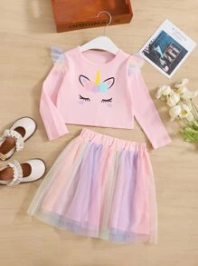 Toddler Girls Unicorn Print Ribbed Knit Ruffle Trim Top & Mesh Skirt