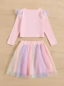 Toddler Girls Unicorn Print Ribbed Knit Ruffle Trim Top & Mesh Skirt