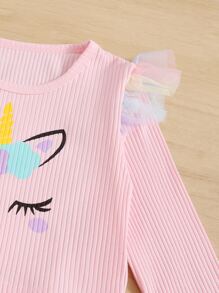 Toddler Girls Unicorn Print Ribbed Knit Ruffle Trim Top & Mesh Skirt
