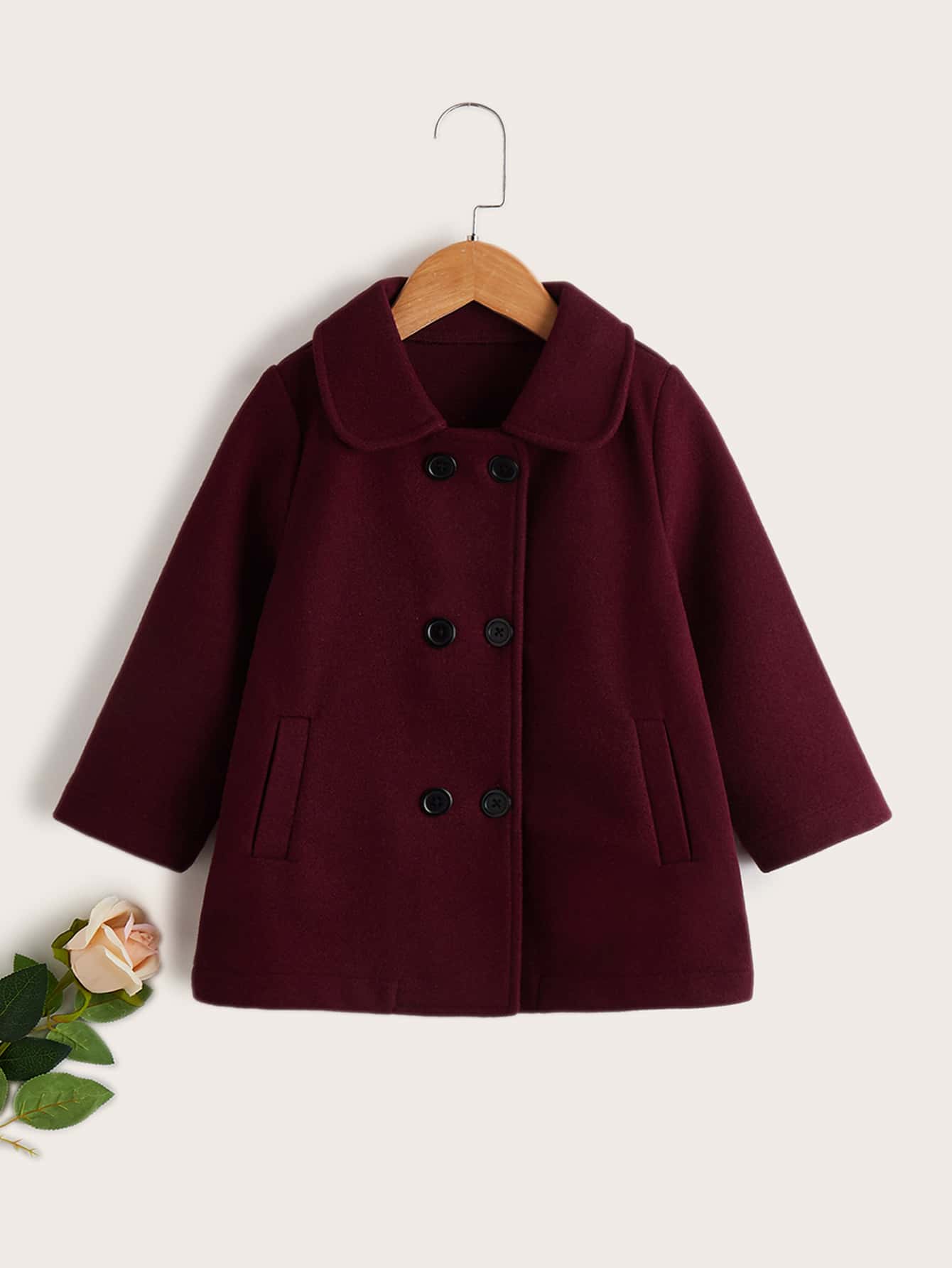 小女童雙排釦彼得潘領花呢外套 - 酒紅色 - 查看 1
