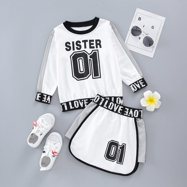

Toddler Girls Letter Graphic Sweatshirt With Contrast Binding Skirt, White