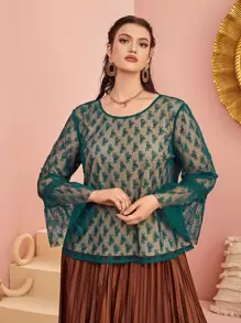 Modelyn Plus Mesh Overlay Flounce Sleeve Blouse - Dark Green - View 1