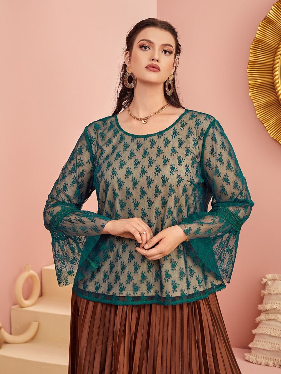 Modelyn Plus Mesh Overlay Flounce Sleeve Blouse - Dark Green - View 1