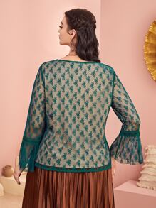 Modelyn Plus Mesh Overlay Flounce Sleeve Blouse - Dark Green - View 2