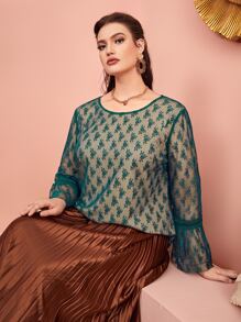Modelyn Plus Mesh Overlay Flounce Sleeve Blouse - Dark Green - View 3
