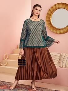 Modelyn Plus Mesh Overlay Flounce Sleeve Blouse - Dark Green - View 4