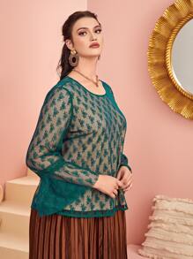 Modelyn Plus Mesh Overlay Flounce Sleeve Blouse - Dark Green - View 5