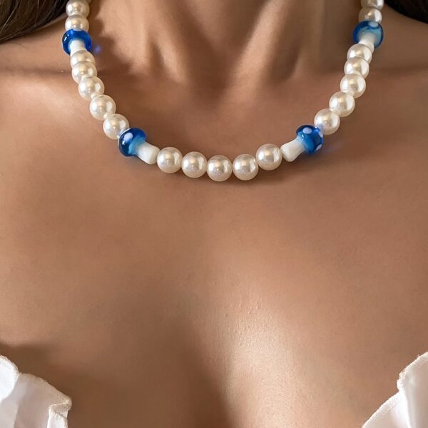 

Faux Pearl Beaded Necklace, Blue