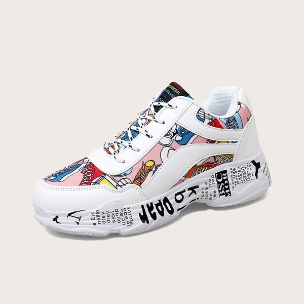

Graffiti Pattern Lace-up Chunky Sneakers, Multicolor