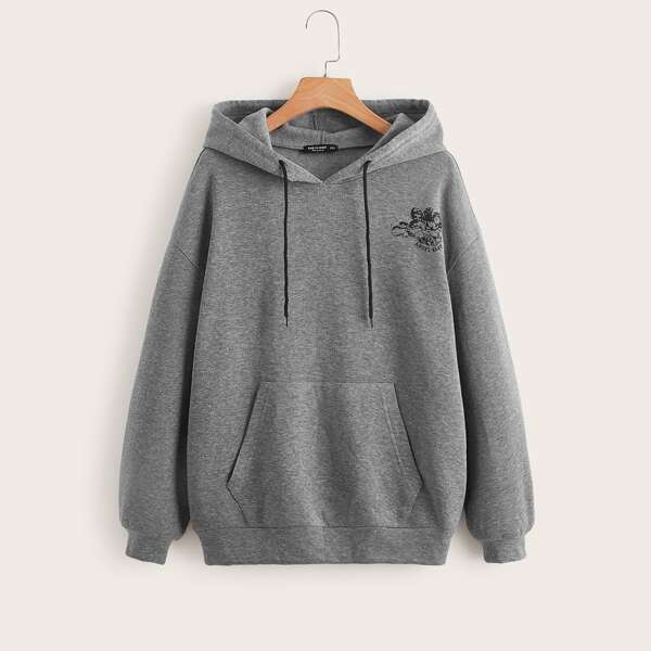 

Figure & Letter Graphic Kangaroo Pocket Drawstring Hoodie, Dark grey