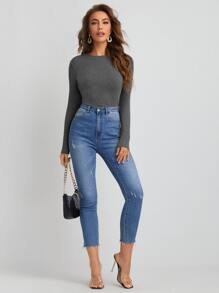 SHEIN BASICS Casual Rib-Knit Solid Long Sleeve Tee For Spring & Autumn - Dark Grey - View 3