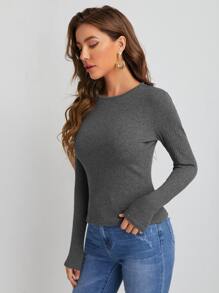 SHEIN BASICS Casual Rib-Knit Solid Long Sleeve Tee For Spring & Autumn - Dark Grey - View 4