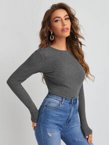 SHEIN BASICS Casual Rib-Knit Solid Long Sleeve Tee For Spring & Autumn - Dark Grey - View 5