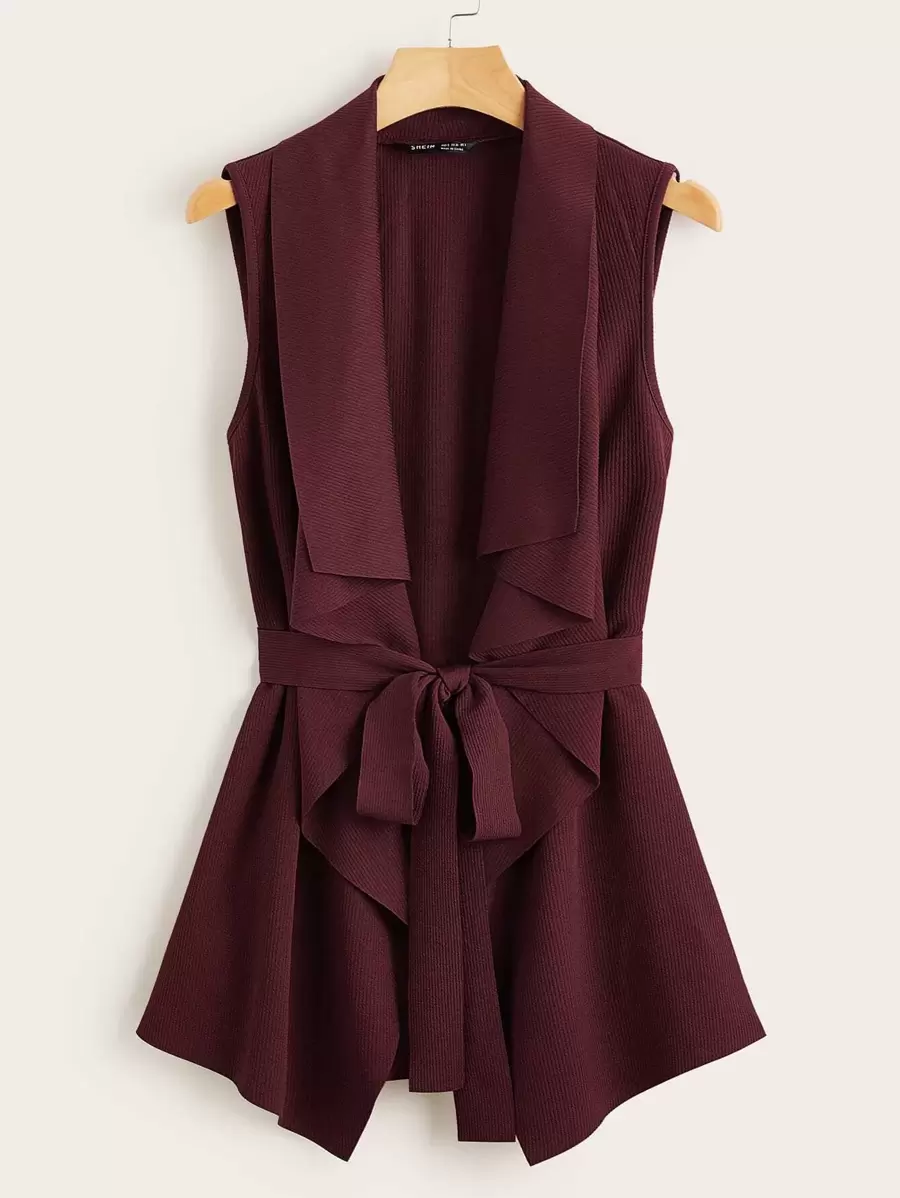 SHEIN Clasi Rib-knit Belted Waterfall Coat - Burgundy - View 1
