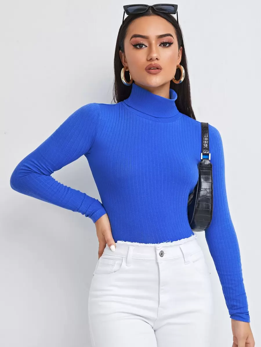 SHEIN Essnce Áo thun Gân đan màu trơn Giải trí - Xanh đậm - Xem 1