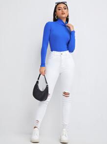 SHEIN Essnce Áo thun Gân đan màu trơn Giải trí - Xanh đậm - Xem 3