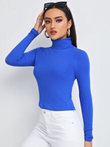 SHEIN Essnce Áo thun Gân đan màu trơn Giải trí - Xanh đậm - Xem 5