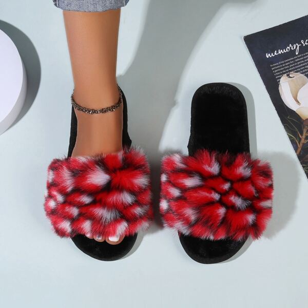 

Colorblock Fluffy Bedroom Slippers, Red