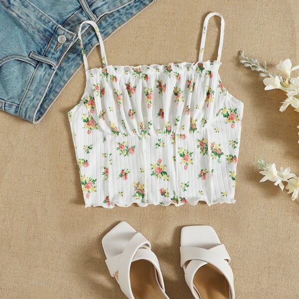 

Floral Print Lettuce Trim Crop Cami Top, Multicolor
