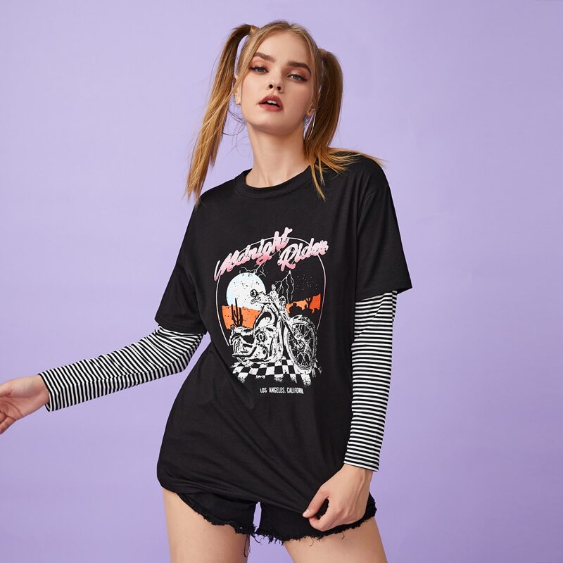 

2 In 1 Letter Motorcycle Graphic Tee, Black