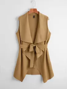 SHEIN Clasi Rib-knit Belted Waterfall Coat - Khaki - View 1