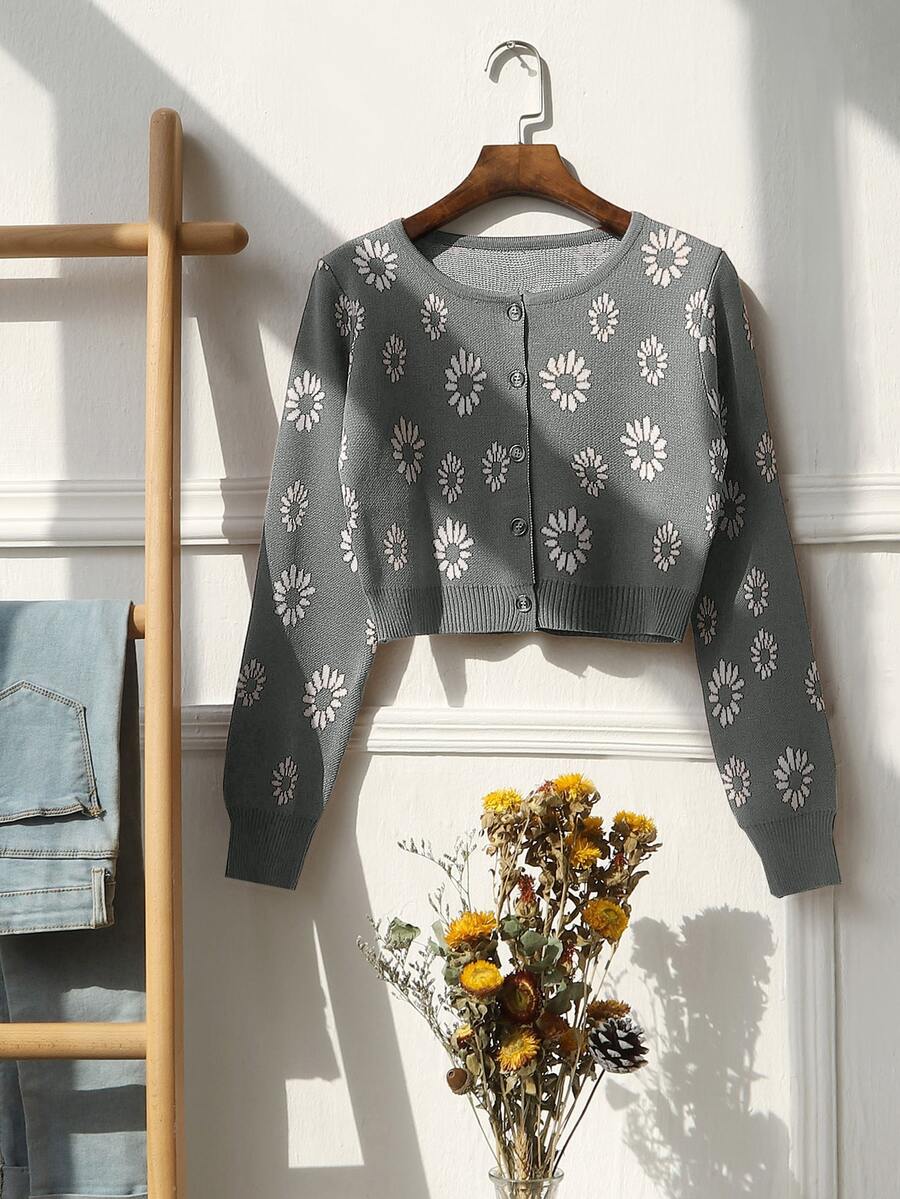 Daisy Pattern Button Front Cardigan - Grey - View 1