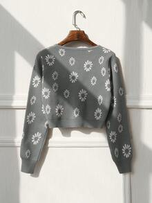 Daisy Pattern Button Front Cardigan - Grey - View 2