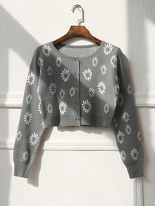 Daisy Pattern Button Front Cardigan - Grey - View 3