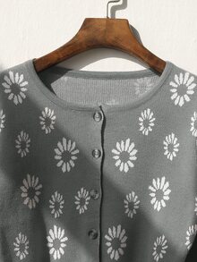 Daisy Pattern Button Front Cardigan - Grey - View 4