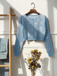 Daisy Pattern Button Front Cardigan - Baby Blue - View 1