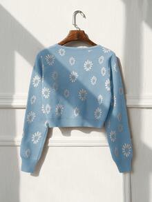 Daisy Pattern Button Front Cardigan - Baby Blue - View 2