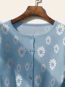 Daisy Pattern Button Front Cardigan - Baby Blue - View 3